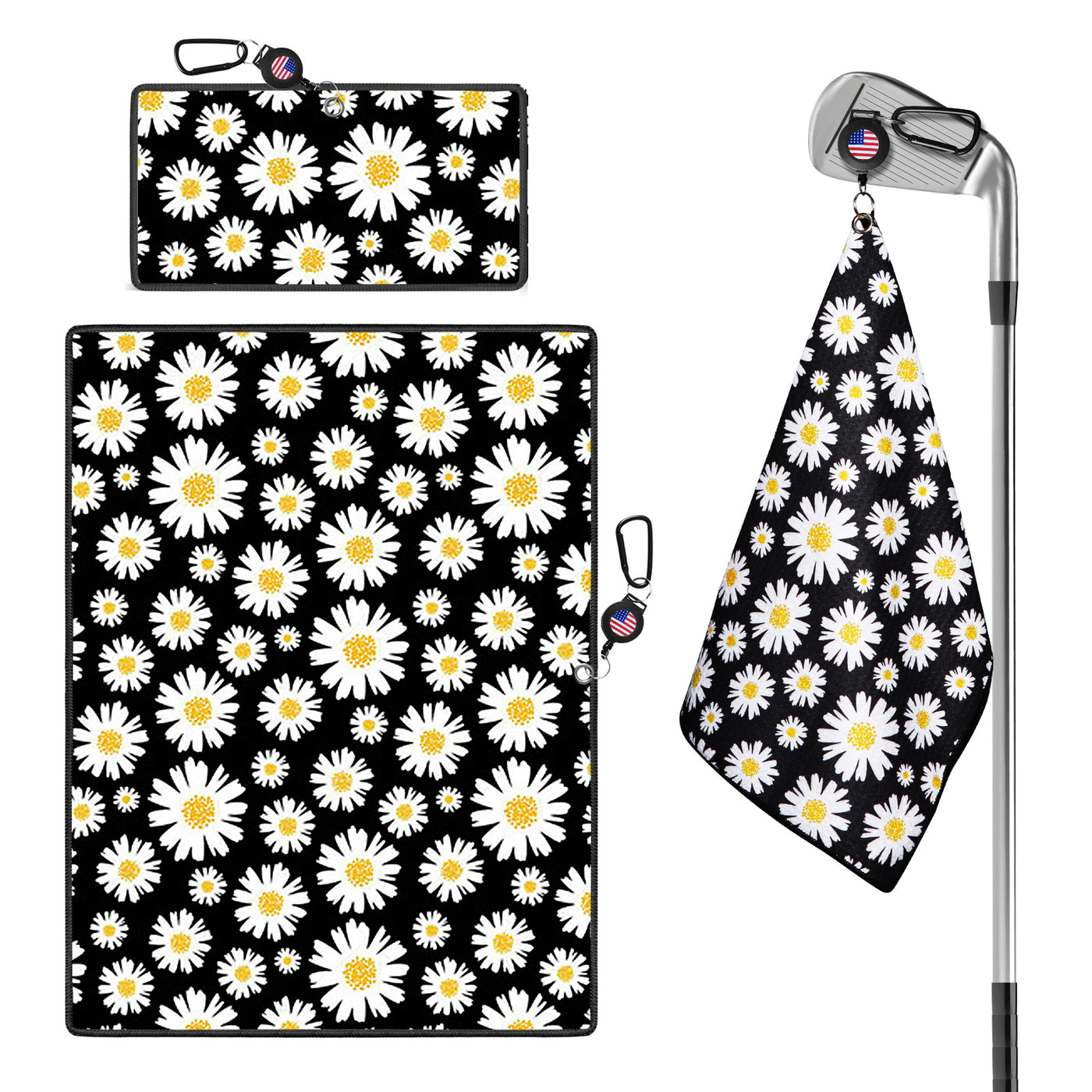 Golf Towels Daisy Value 2 Pack 21"x16" and 12"x8" Set with Strong Magnetic Retractable Carabiner