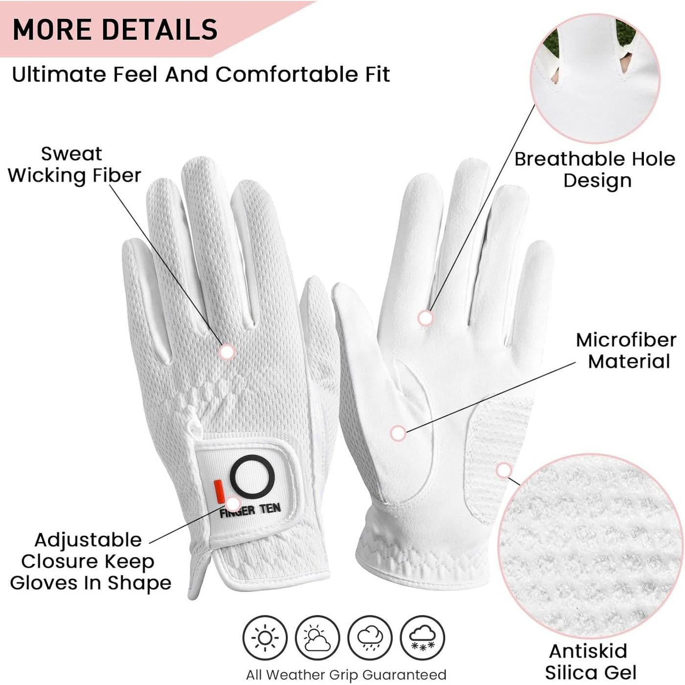 Women's Golf Gloves Mesh Rain Grip Hot Wet Weather 1 Pair