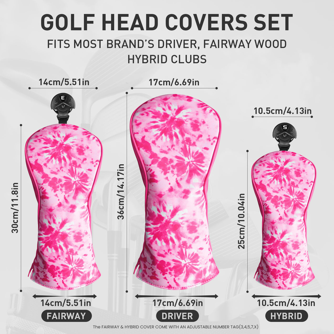 Golf Club Head Covers for Woods Driver Fairway Hybrid Deep Pink 3 Pack Set