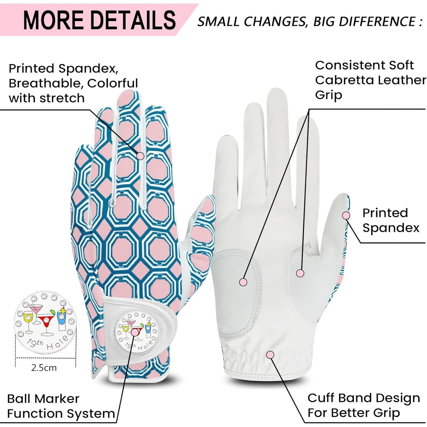 Lot de 2 gants de golf pour femme avec marqueur de balle imprimé en couleur