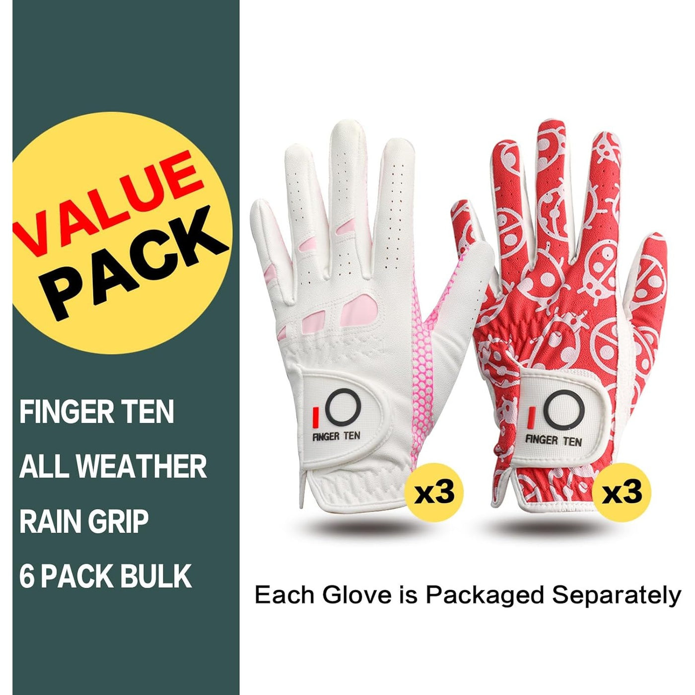 Women's Golf Gloves Extra Grip Red Pink Combo 6 Pack