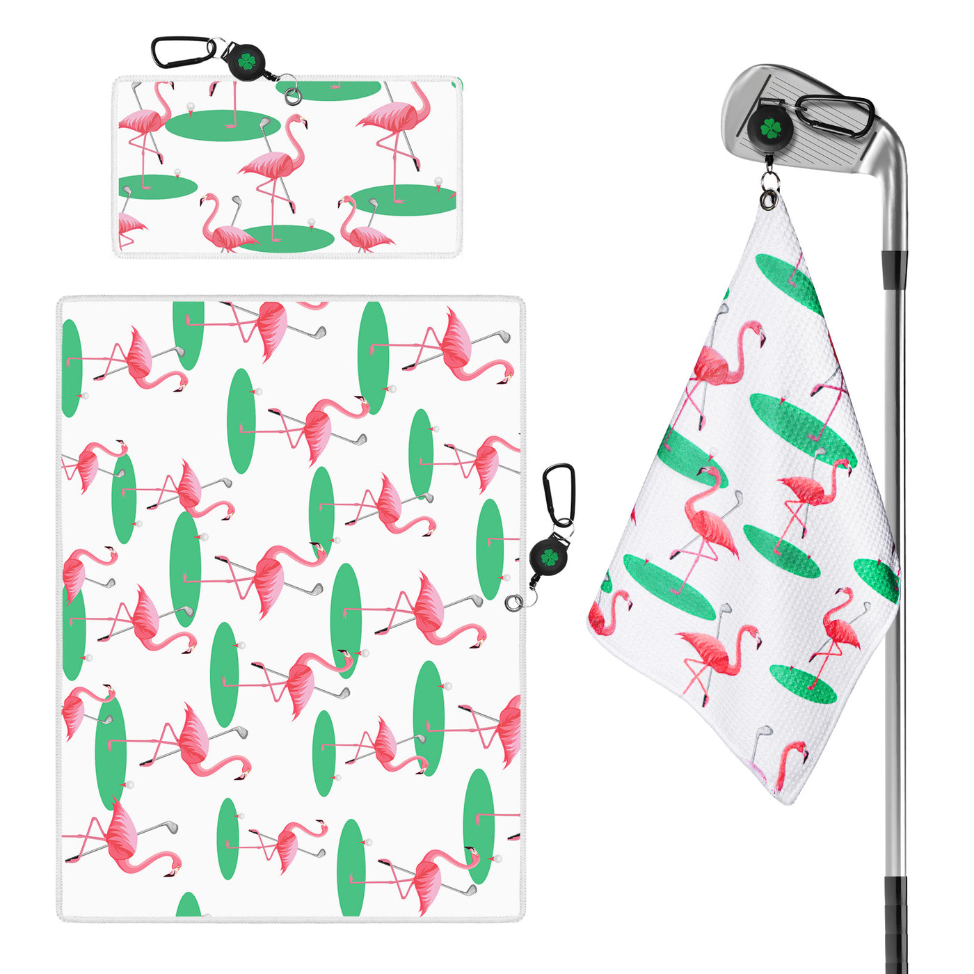 Golf Towels Flamingo Value 2 Pack 21"x16" and 12"x8" Set with Strong Magnetic Retractable Carabiner