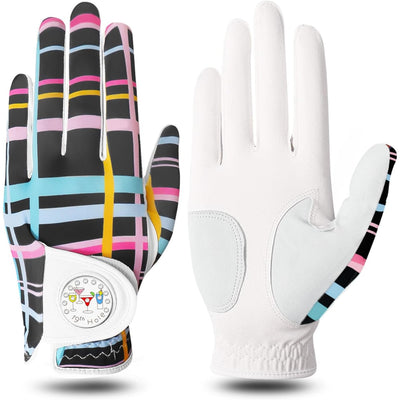 1 lot de gants de golf pour femme à rayures colorées en cuir avec marqueur de balle