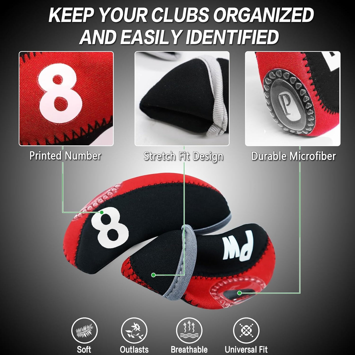 Golf Iron Covers Set Neoprene Club Headcover with Top Window 10 Pack