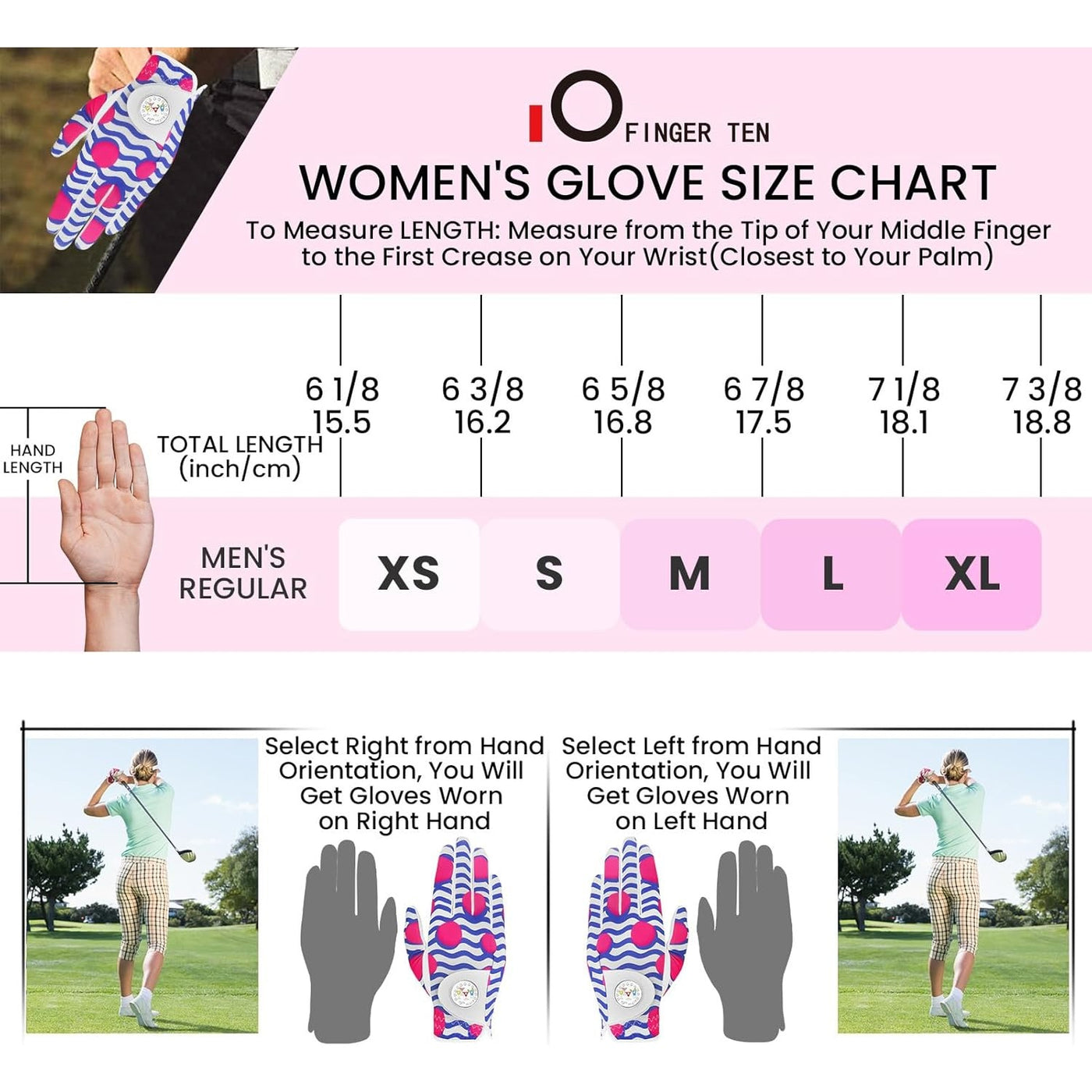 Golf Gloves Women Blue Pink Full Finger Leather 1 Pack