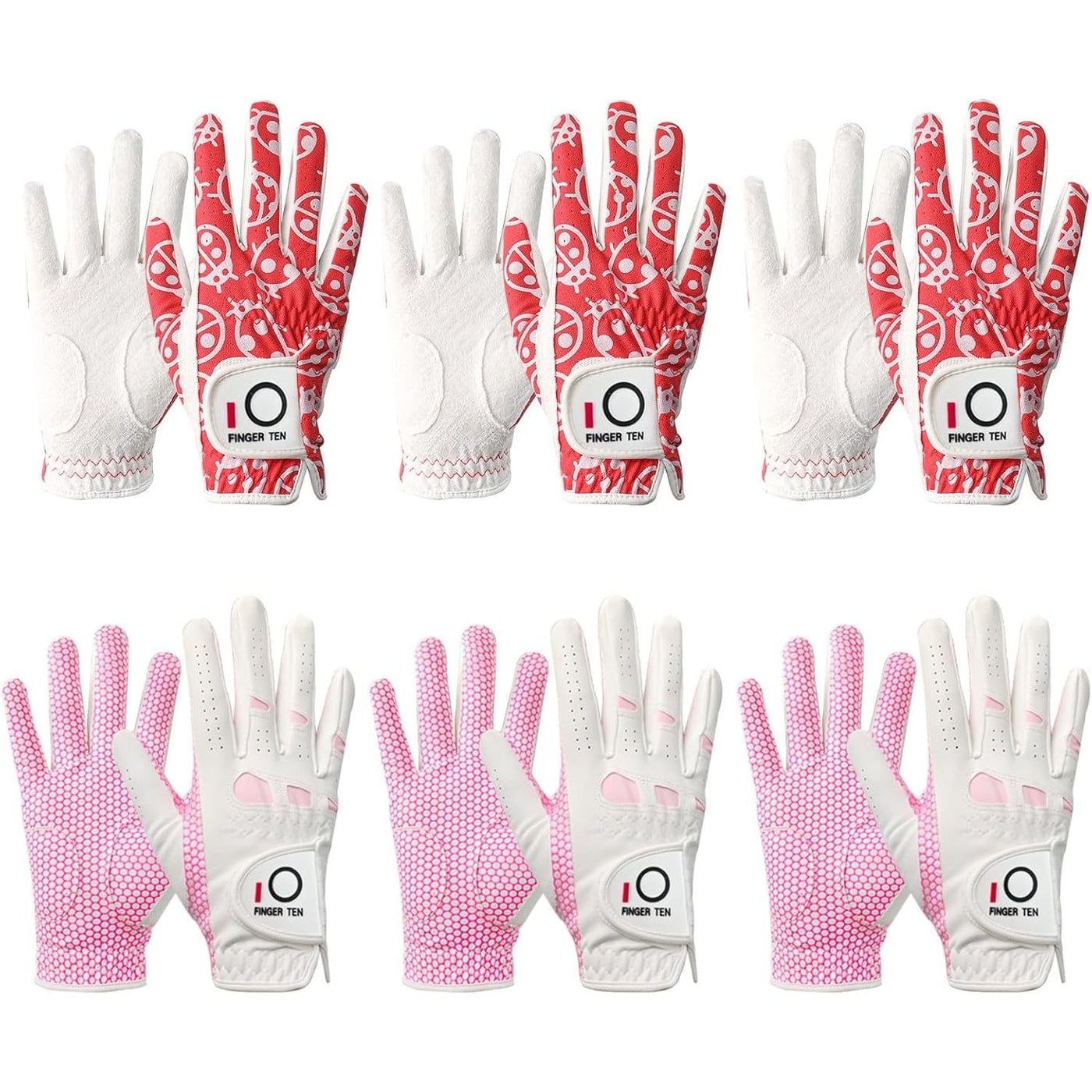 Damen-Golfhandschuhe, Allwetter, Extra Grip, Rot/Pink, Combo, 6er-Pack 