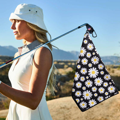 Golf Towels Daisy Value 2 Pack 21"x16" and 12"x8" Set with Strong Magnetic Retractable Carabiner