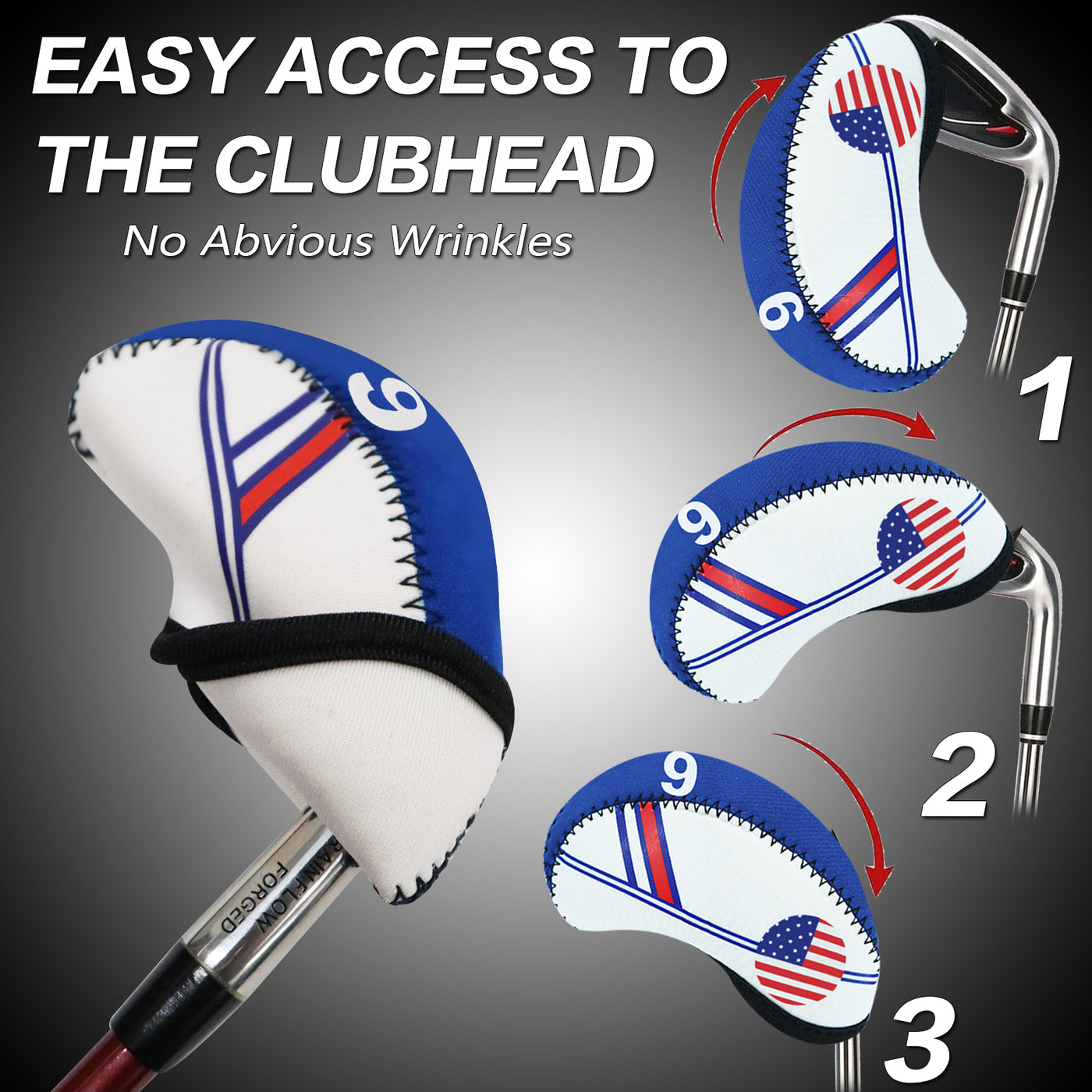 Golf Iron Covers Set Neoprene without Window Top 10 Pack USA Flag