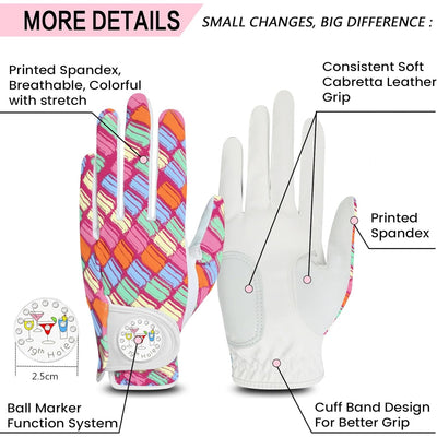 Lot de 2 gants de golf pour femme avec marqueur de balle imprimé en couleur