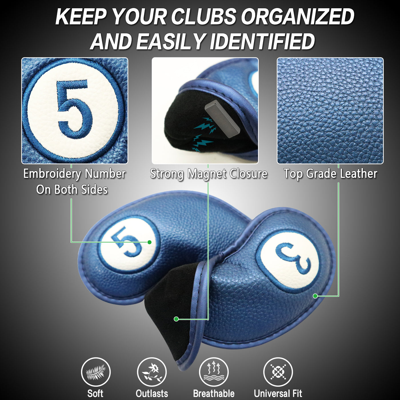 Golf  Iron Covers Magnetic 9 Pack Long Neck Universal Fit