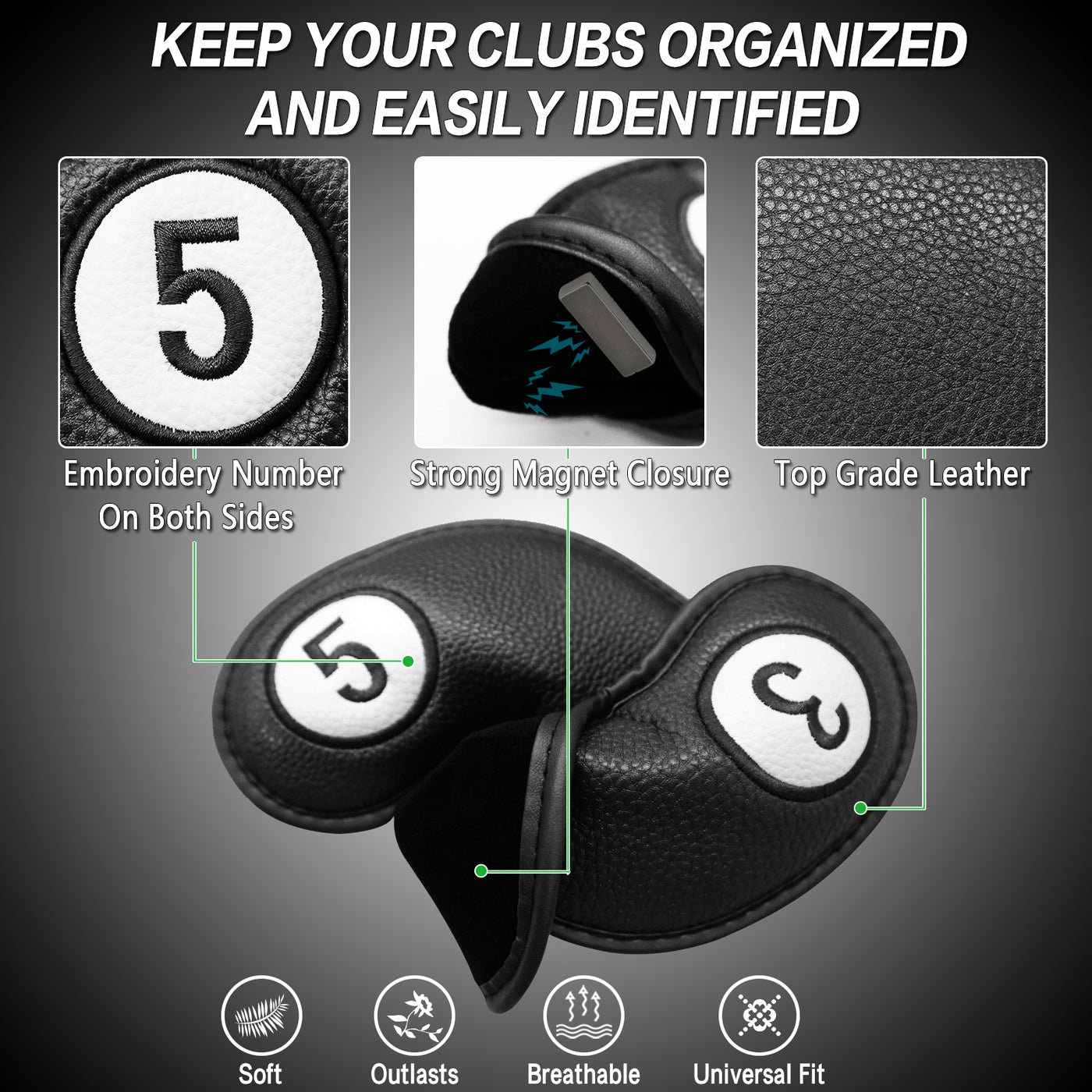 Golf  Iron Covers Magnetic 9 Pack Long Neck Universal Fit