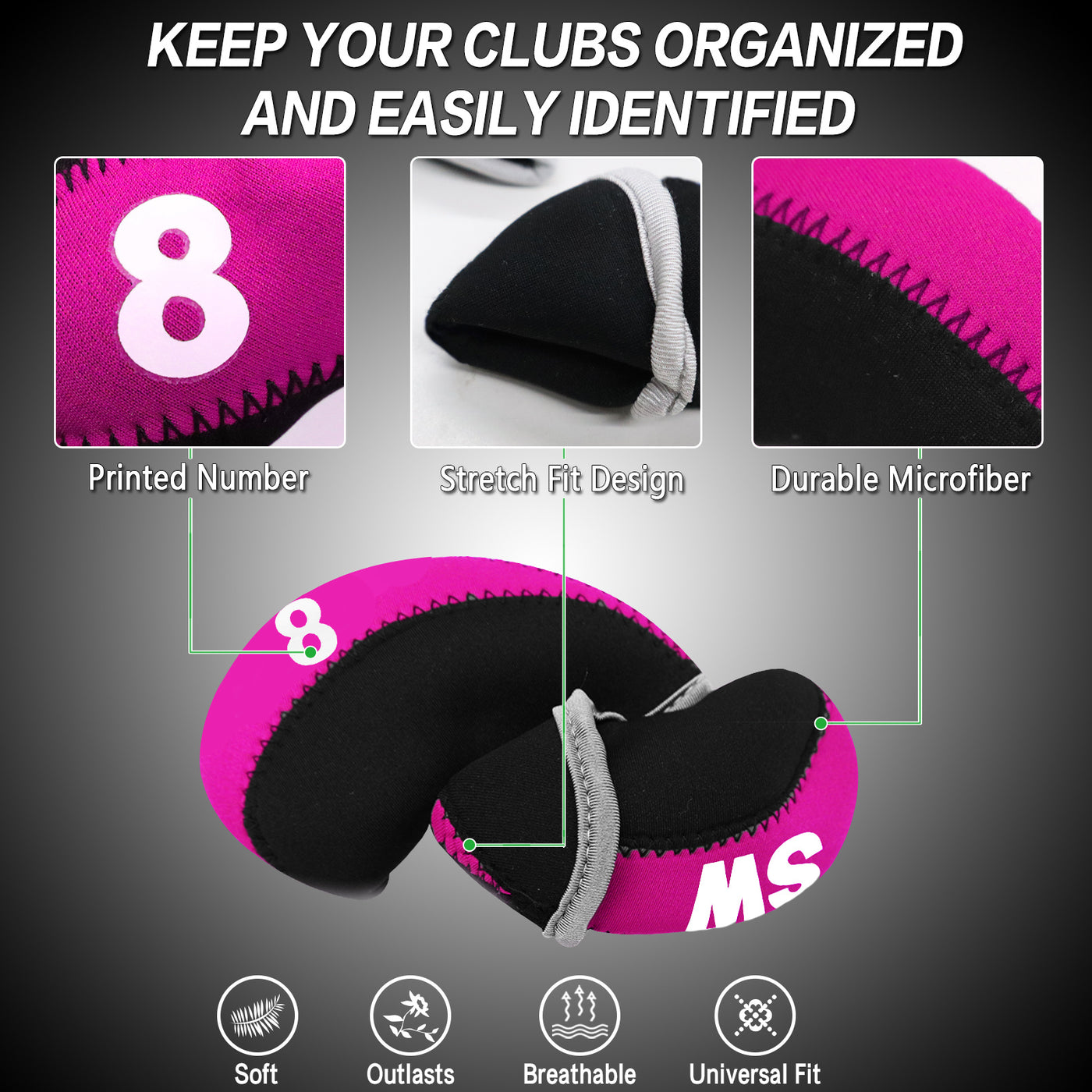 Golf Iron Covers Set Neoprene Club Headcover Pink Black Value 10 Pack