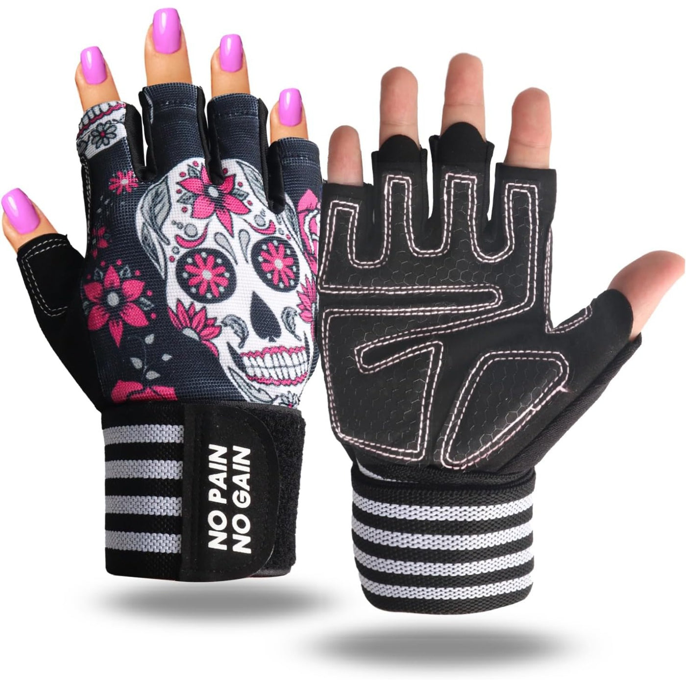 Ladies Weight Lifting Gym Gloves Skull Pink 1 Pair