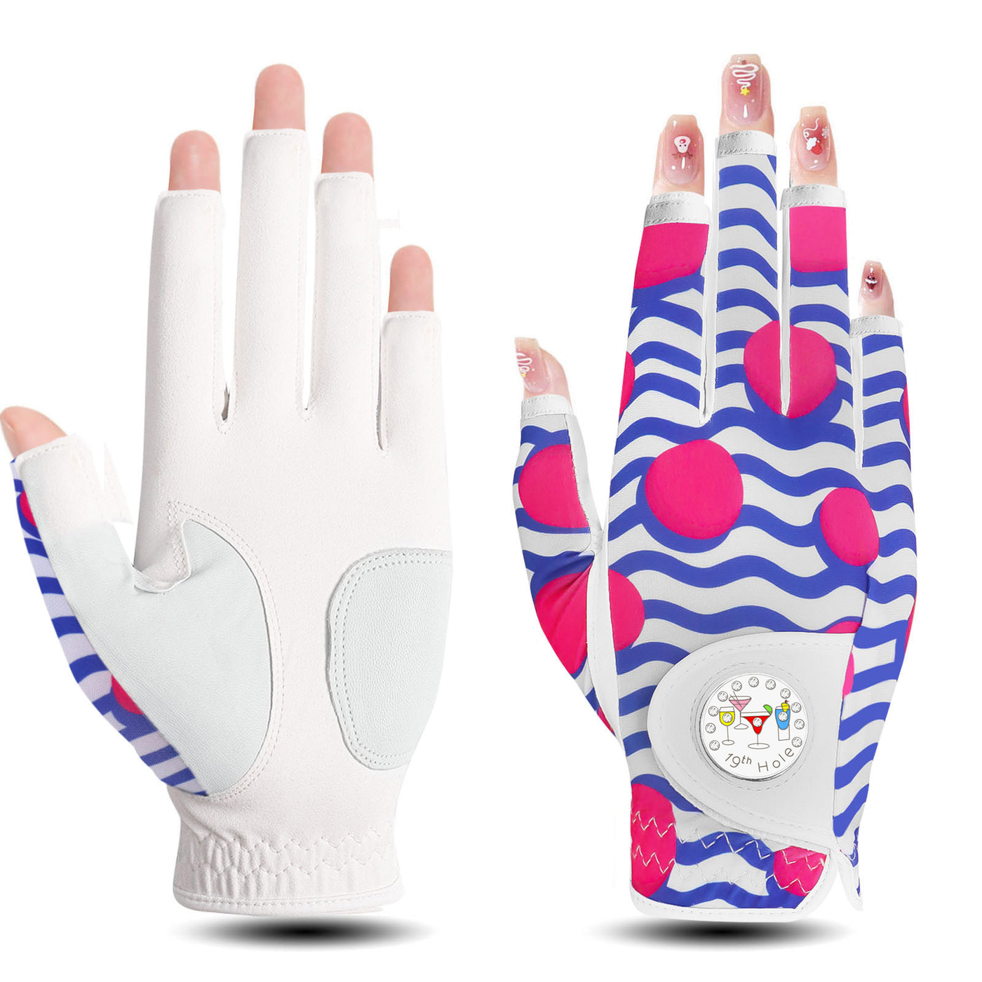 1 Pack Golf Handschuhe Frauen Blau Rosa Halbfinger Leder mit Ball Marker