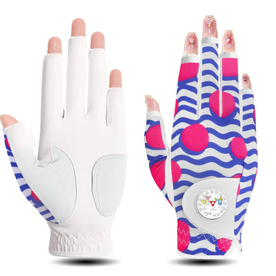 Golf Gloves Women Blue Pink Half Finger 1 Pack