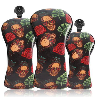 Golf Club Head Covers for Woods Driver Fairway Hybrid Skull Rose 3 Pack Set