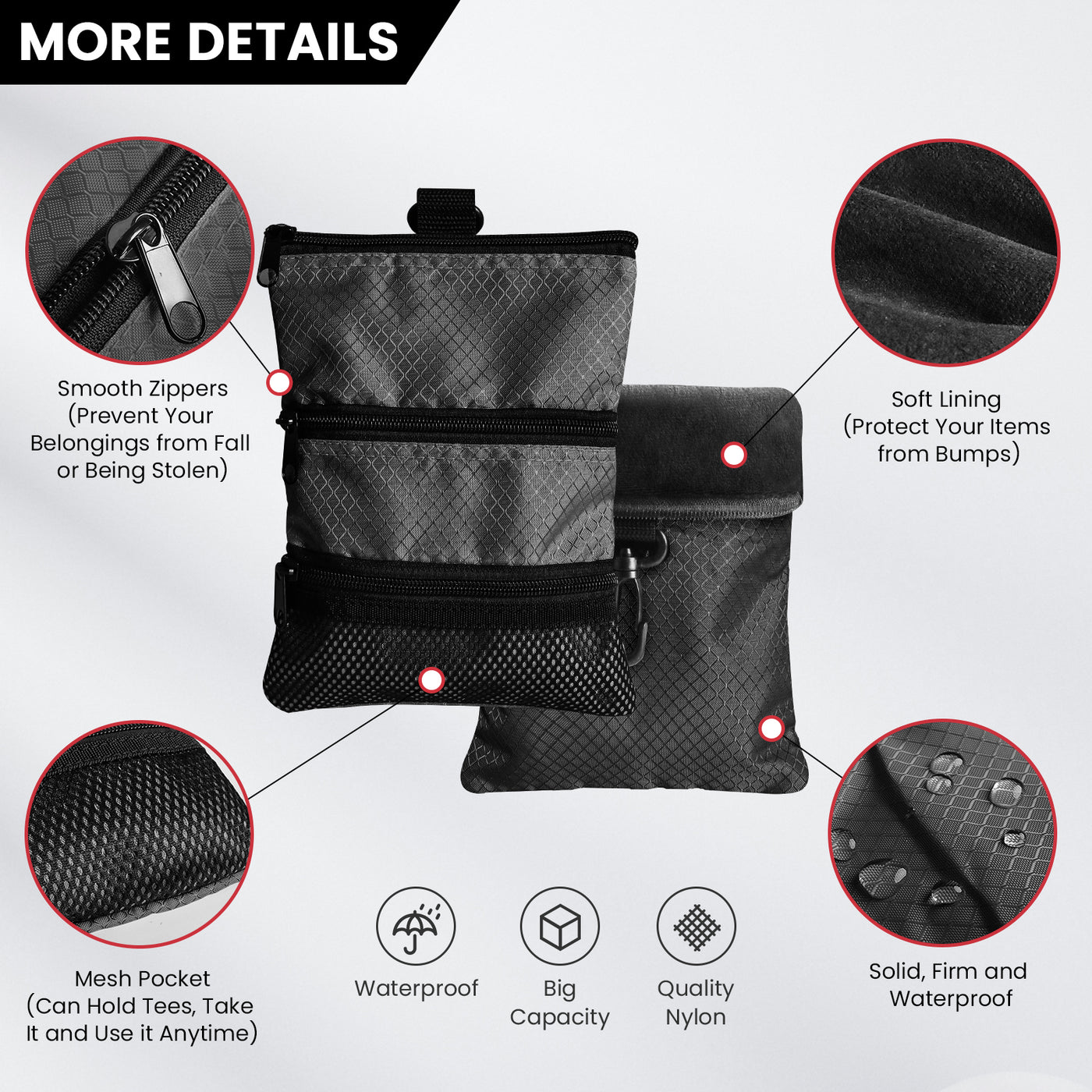 Golf valuables Pouch, Zipper Golf Ball Bag with 3 Pockets