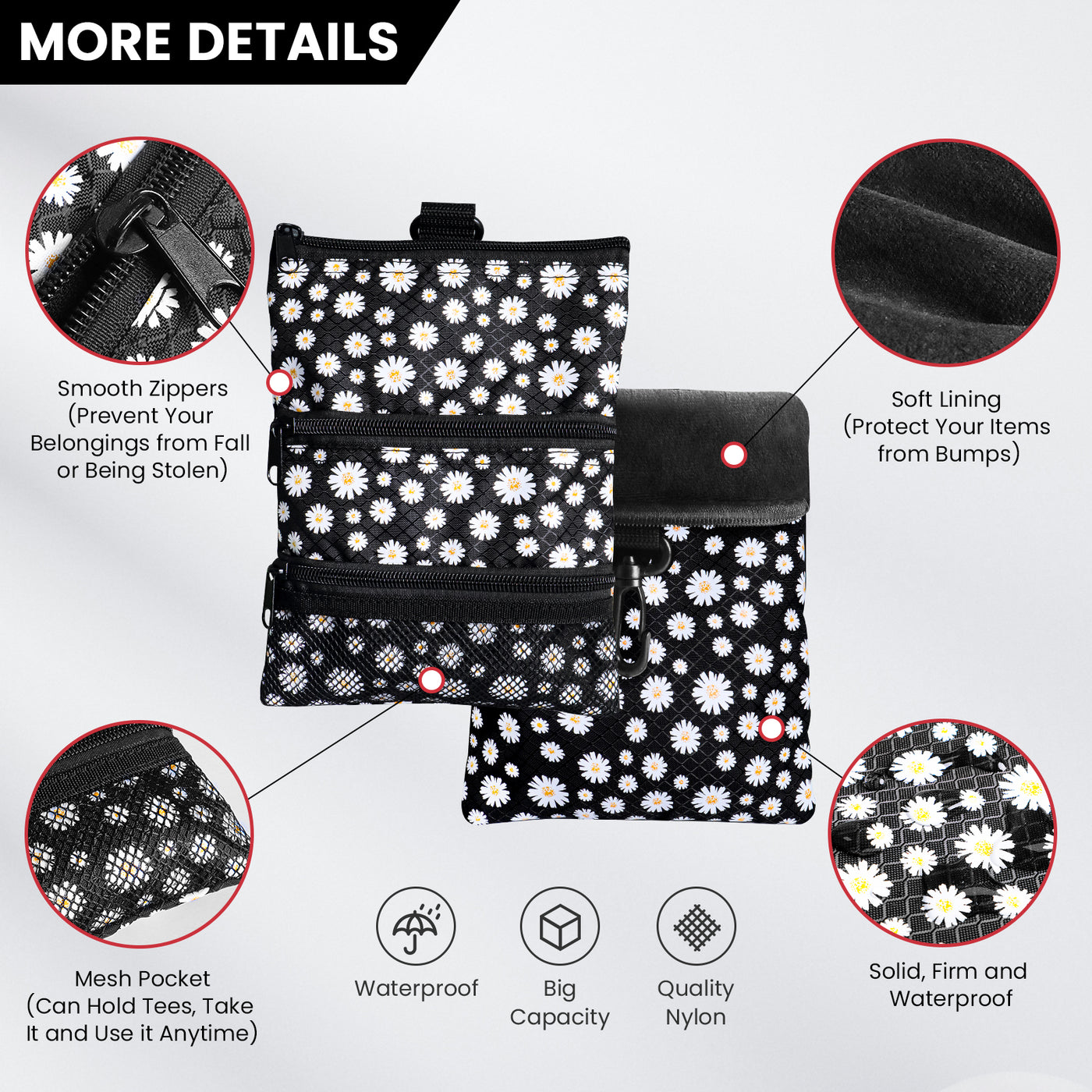 Golf valuables Pouch, Zipper Golf Ball Bag with 3 Pockets