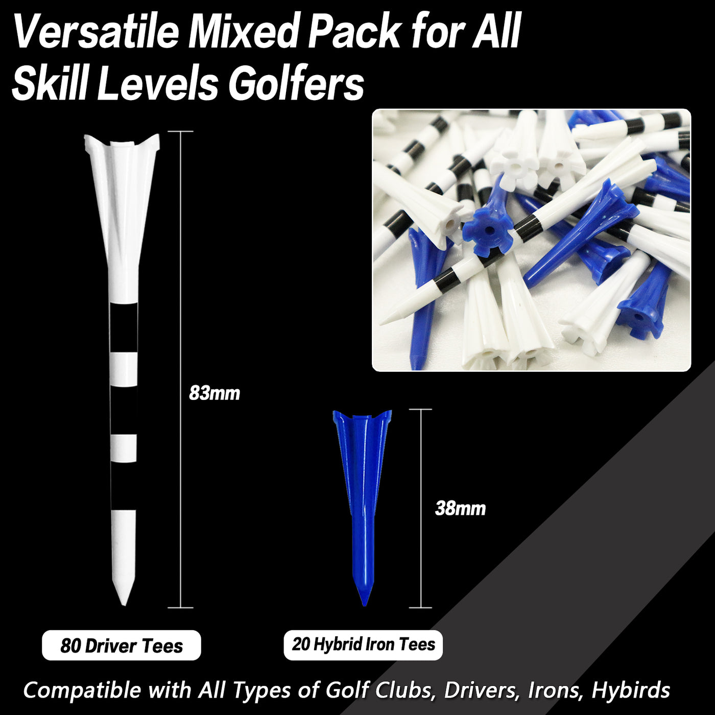 Golf Tees Plastic Unbreakable 80 Driver Tees with 20 Iron Tees Mixed 100 Pack