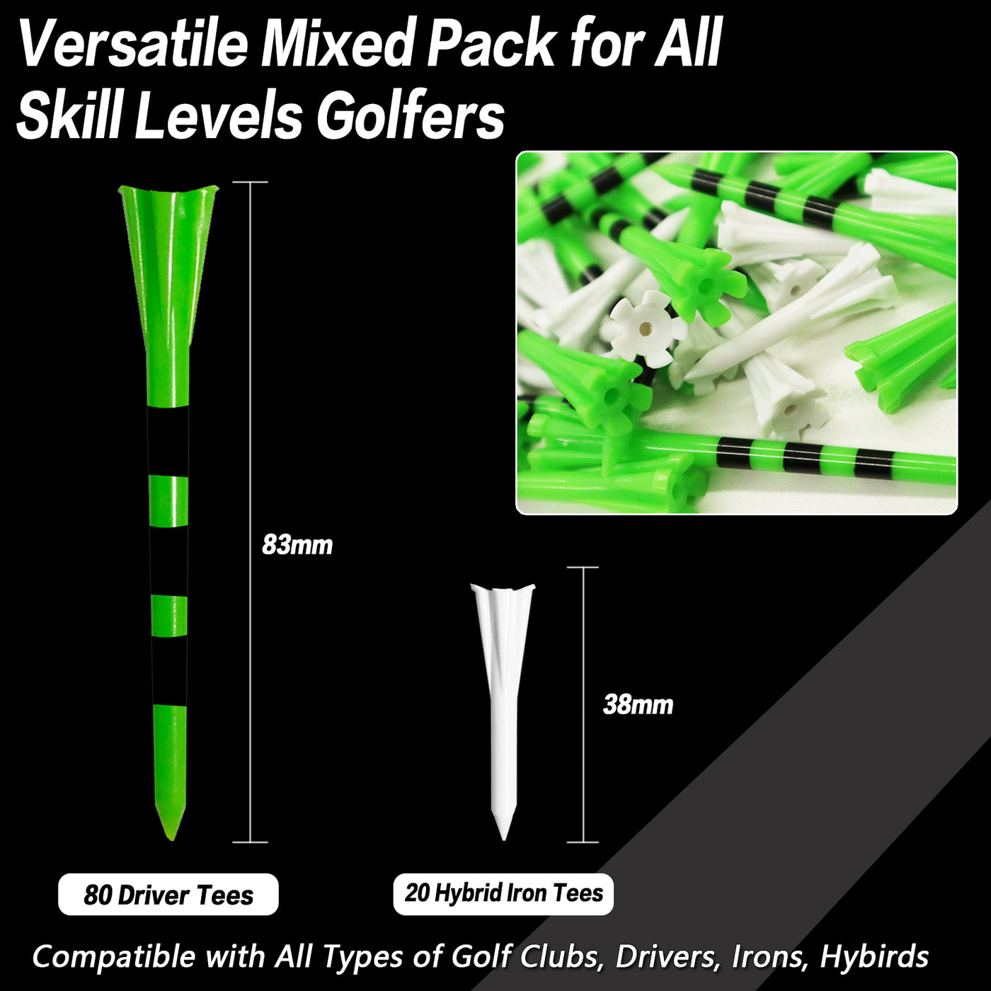 Lot de 100 tees de golf en plastique incassables, 80 tees de driver avec 20 tees de fer mixtes 