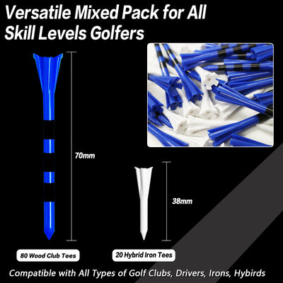 Golf Tees Plastic Unbreakable 80 Driver Tees with 20 Iron Tees Mixed 100 Pack