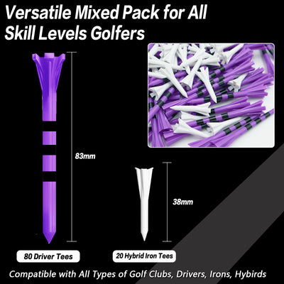 Golf Tees Plastic Unbreakable 80 Driver Tees with 20 Iron Tees Mixed 100 Pack