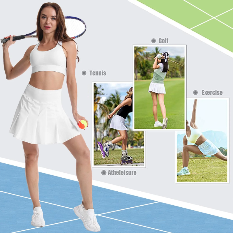 Women's Tennis Skirt Lightweight Pleated Athletic Skorts Sports Golf  Running Mini Skirt with Pockets and Shorts-011-white 