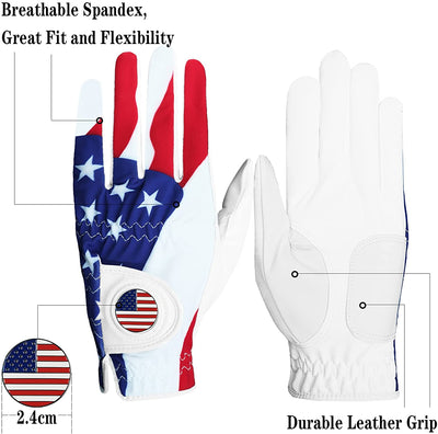 Lot de 2 gants de golf en cuir pour homme avec drapeau américain 