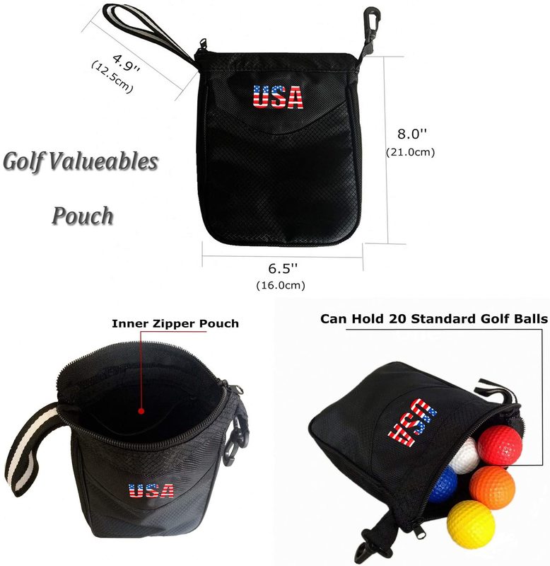Golf Pouch Bag Multi Pocket Clip Zipper Hook to Bag, with 10 Pcs Wooden Golf Tees Value Set, Durable Nylon Valuables Holder - fingertensport
