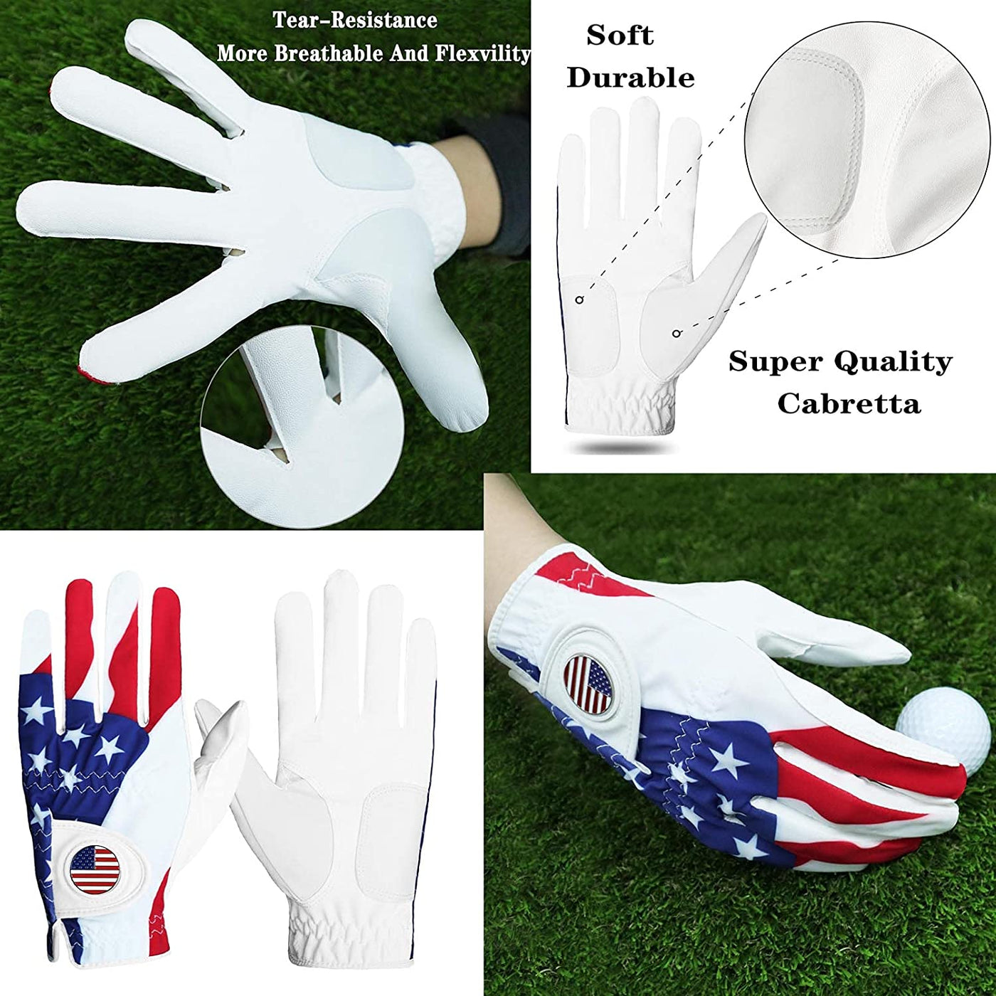 Lot de 2 gants de golf en cuir pour homme avec drapeau américain 