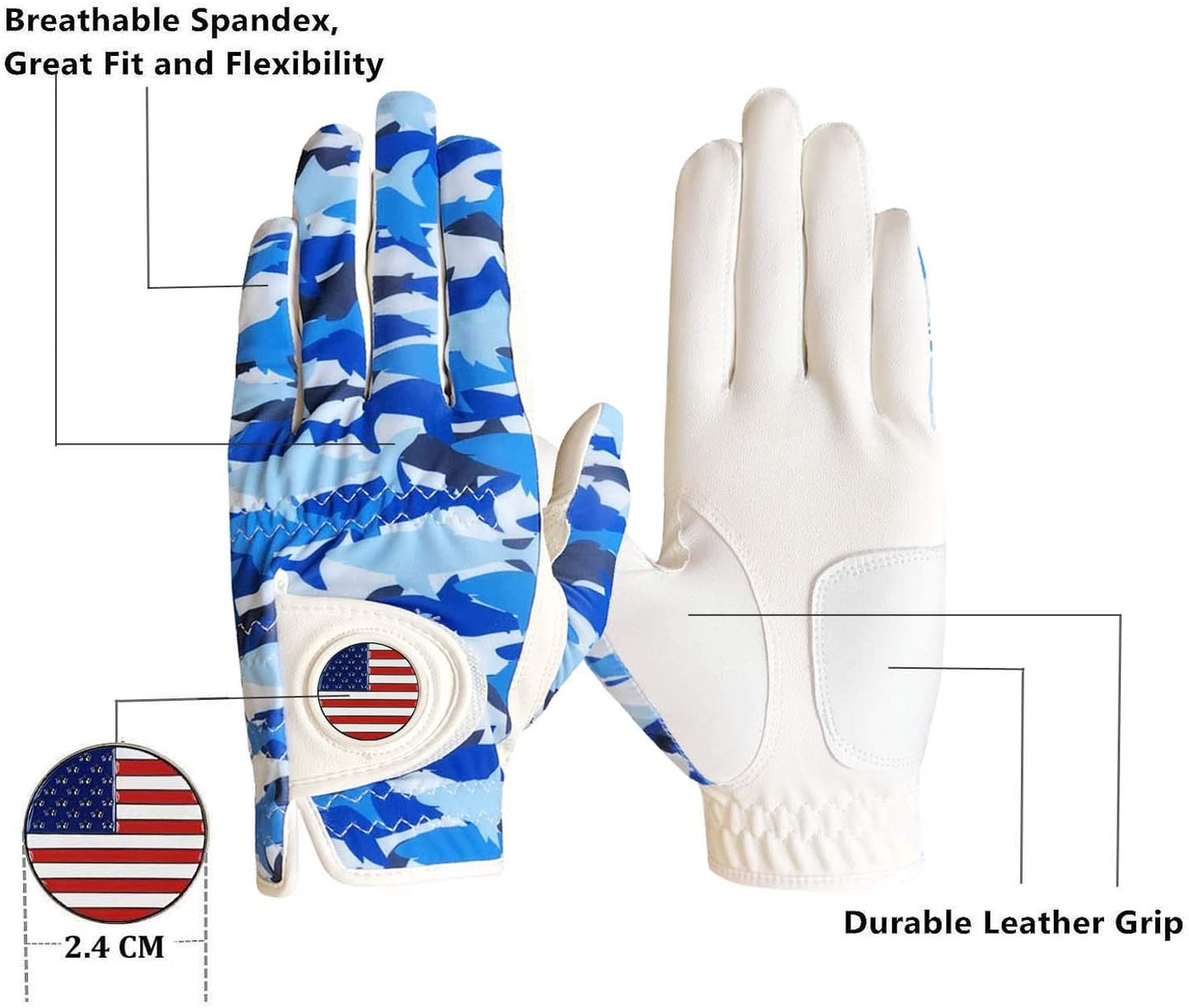 Lot de 2 gants de golf en cuir pour homme avec drapeau américain 