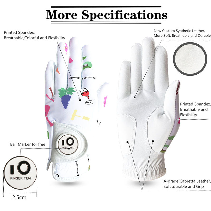 1 Pack Golf Gloves Women Full Finger Leather with Ball Marker