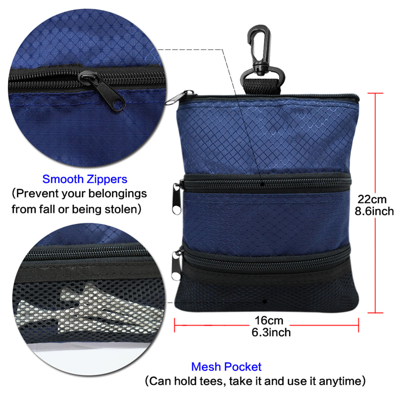 Golf valuables Pouch, Zipper Golf Ball Bag with 3 Pockets