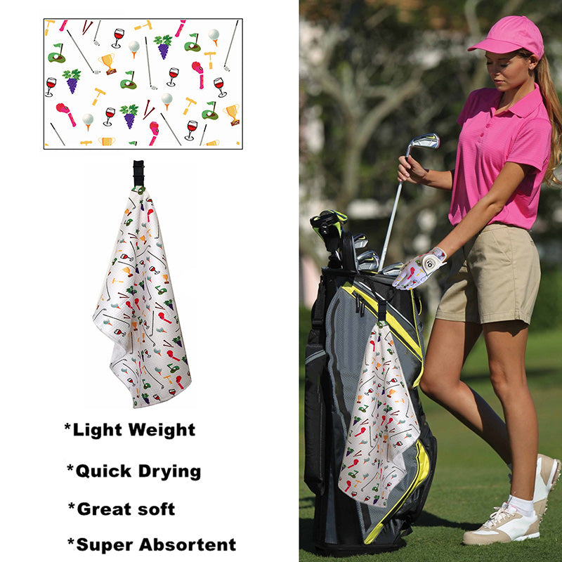 Serviette de golf imprimée 14 x 42 pouces avec clip à œillets, 1 paquet, neuf et vin 